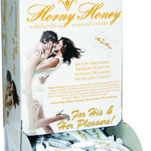 Horny Honey Arousal Gel Exhilarating Arousal Cream. 144 Pieces Point of Purchase Display from Hott Products. Display is made with cardboard. Some assembly is required. Very Multiple orgasmic. Passion igniter. Intense pleasure. Increases libido. Horny Hone