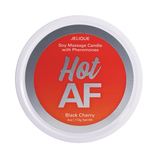 Massage Candle with Pheromones Hot AF Black Cherry 4 ounces from Classic Erotica. Features fragrant massage oil infused with pheromones. Sugar free. Paraben free. Gluten free. Vegan friendly. Not tested on animals. Ingredients: Cocos Nucifera Coconut Oil