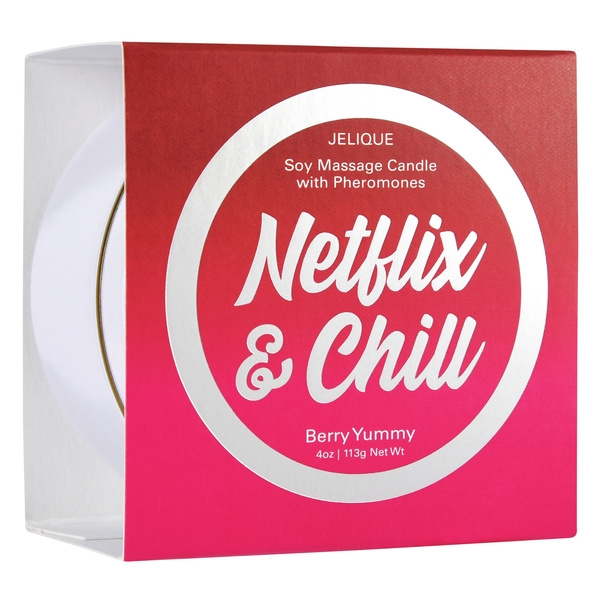 Massage Candle with Pheromones Netflix and Chill Berry Yummy 4 ounces from Classic Erotica. Features fragrant Massage Oil infused with pheromones. Sugar free. Paraben free. Gluten free.