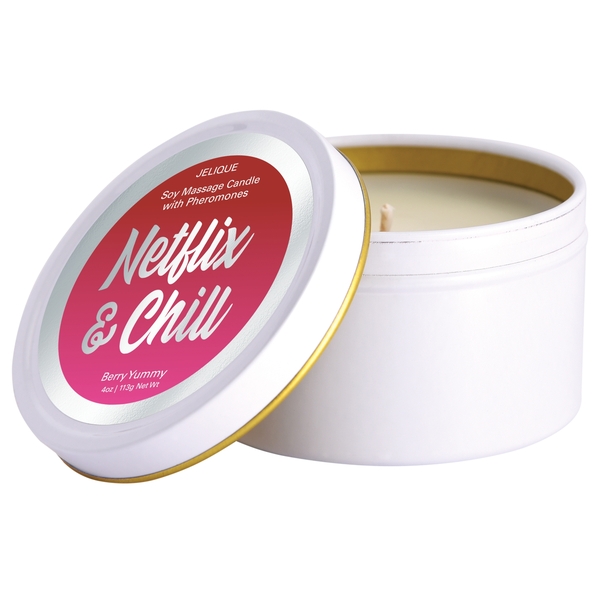 Massage Candle with Pheromones Netflix and Chill Berry Yummy 4 ounces from Classic Erotica. Features fragrant Massage Oil infused with pheromones. Sugar free. Paraben free. Gluten free.