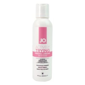 JO Actively Trying without Parabens 4 ounces. JO Actively Trying helps couples maintain that sense of sensuality while trying to conceive. Actively Trying is a specialized lubricant designed to maintain an environment conducive to fertilization. Unlike ty