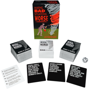 Making Bad Situations Worse Party Game from Kheper Games. The adult party game where you try to submit the worst reactions to bad situations. Roll the die to select and read a bad situation