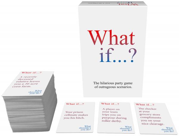What If? The Hilarious Party Game Of Outrageous Scenarios from Kheper Games. The adult party game where you blurt out the most ridiculous answers you can come up with to crazy What If...? scenarios. One player reads a What If� Scenario Card to two comp
