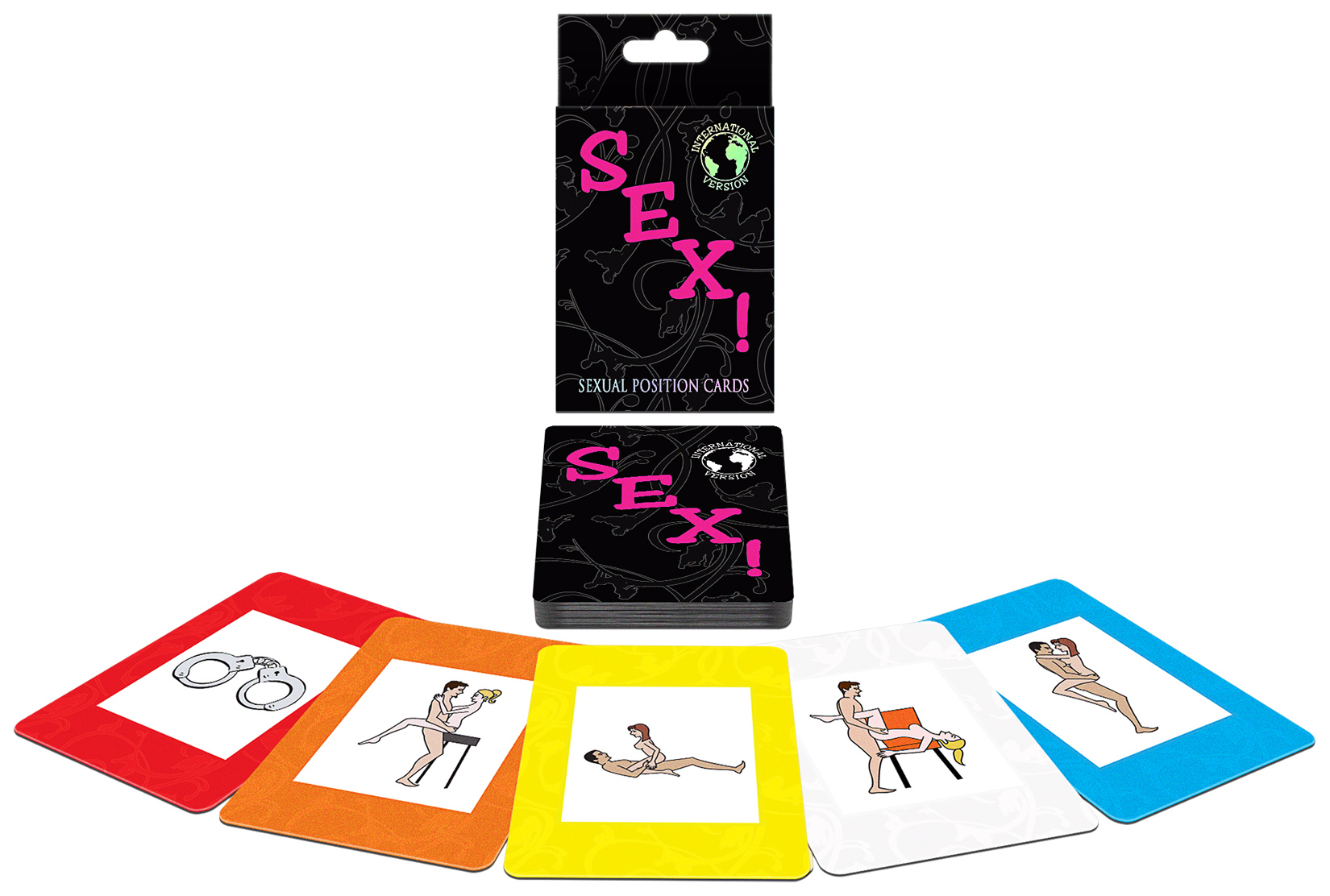 International Sex Card Game from Kheper Games. Each Sex card explicitly illustrates either a foreplay activity or a sexual position. The sex deck includes three card games. While playing a card game
