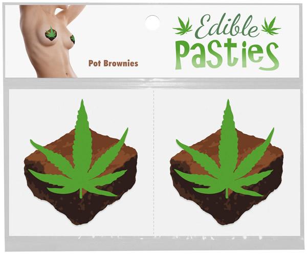 Pot Brownie Pasties from Kheper Games. Edible pasties. Potleaf Pasties. Edible body pasties made into fun potleaf brownie shape. Enjoy them as mouth watering nipple treats without having to worry about getting the munchies after. Includes: 2 edible pas