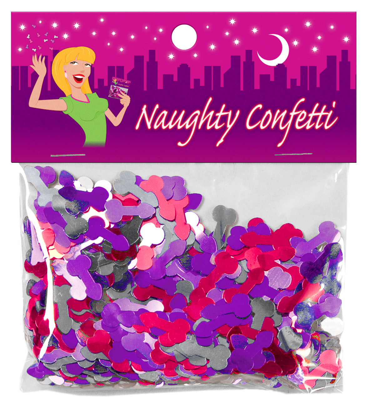 Naughty Confetti includes 15 grams of penis shaped confetti in four metallic colors: Red