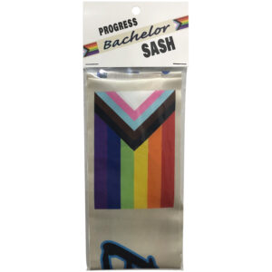 Progress Bachelor Sash Rainbow colored accessory for the Party from Kheper Games. Show your pride and inclusiveness with these vibrant sashes that incorporate our licensed progress flag