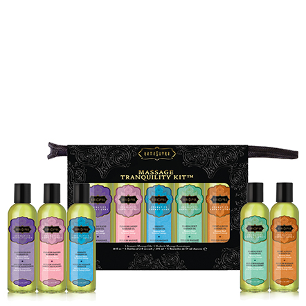 Kama Sutra Massage Tranquility Kit take romance with you. Try all of five blends of Kama Sutra Aromatics Massage Oil with this travel kit. Includes five petite massage oils in a zippered travel case. The TSA approved sizes are perfect for travel. Made wit
