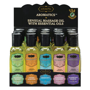 Kama Sutra Aromatic Massage Oils with Essential Oils. 2 ounces bottles. Explore your sense of touch with these silky smooth Massage Oils. The exquisite spa collection inspires intimacy and relaxation through sensual