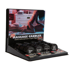 Kama Sutra Massage Candle 2 ounces prepack display 24 count with a colorful header. Visually attractive PDQ display prepack with versatile interchangeable backing. Includes printed product features and selling points to draw in customers and educate store