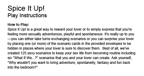 Behind Closed Doors Lover's Choice Spice It Up Game from Little Genie Productions. Spicy Version couples game. Spice it up! Feeling adventuresome! Feeling uninhibited! A collection of sexual fantasies and what if scenarios. 125 ways to spice out your sex
