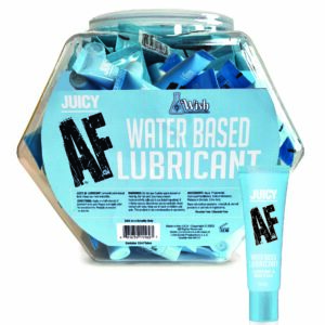 Juicy AF Water Based Lubricant 10ml or almost .34 fluid ounce Point of Purchase POP Display of 65 SKU LITBT650B from Little Genie. Juicy AF will make your intimate encounters more luscious. This water based lubricant effortlessly enhances the pleasures of