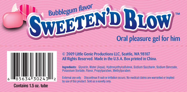 Sweeten'd Blow Bubble Gum Flavor Oral Pleasure For Him. Specially Formulated for Him! Make your next oral encounter sweeter with Sweeten'd Blow. Simply rub some of the flavored gel on your lover's private areas or any area that you wish to sweeten and the