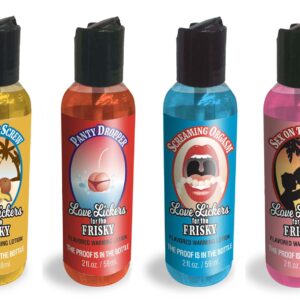 Love Lickers Point of Purchase Display with 24 bottles with 6 different flavors. Love Lickers Warming Massage Oil is recognized as the choice for intimate massages in bedrooms everywhere! Love Lickers edible warming oils for the frisky heat up your night