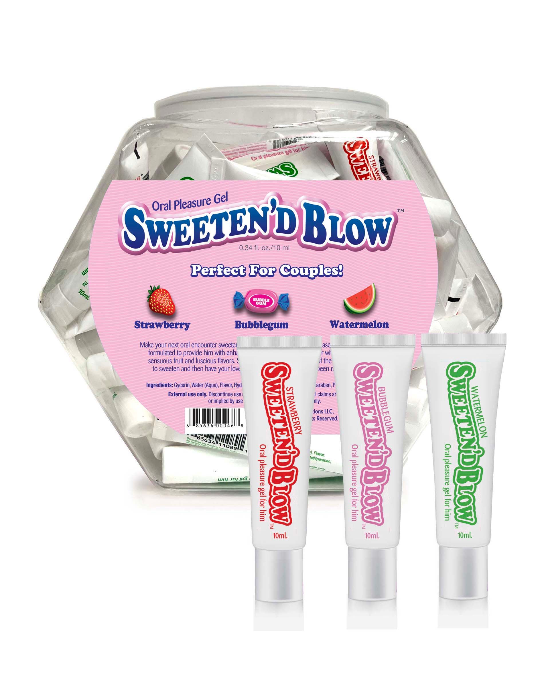 Sweeten'd Blow Fishbowl Display 66 Pillow Packs 3 Flavors from Little Genie. Perfect for couples! Sweeten'd Blow Oral Pleasure For Him. Specially Formulated for Him! Make your next oral encounter sweeter with Sweeten'd Blow. Simply rub some of the flavor
