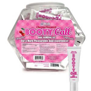 Booty Call Fishbowl 65 Pillow Packs Cherry Flavor Display 10ml e or approximately .338 ounce. For a more pleasurable Anal sex experience! Booty Call is a cherry flavored anal numbing gel. This desensitizing gel will allow for a more pleasurable anal exper