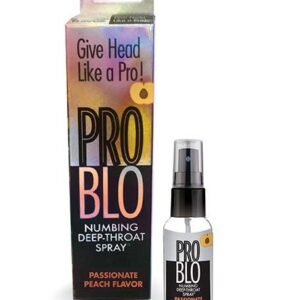 Problo Deep Throat Numbing Spray Passionate Peach Flavor 1 fluid ounce Bottle from Little Genie. Blow your manâs mind with the best oral sex of his life! Just a squirt or two of this numbing spray will allow you to give your best blow job by desensitizi