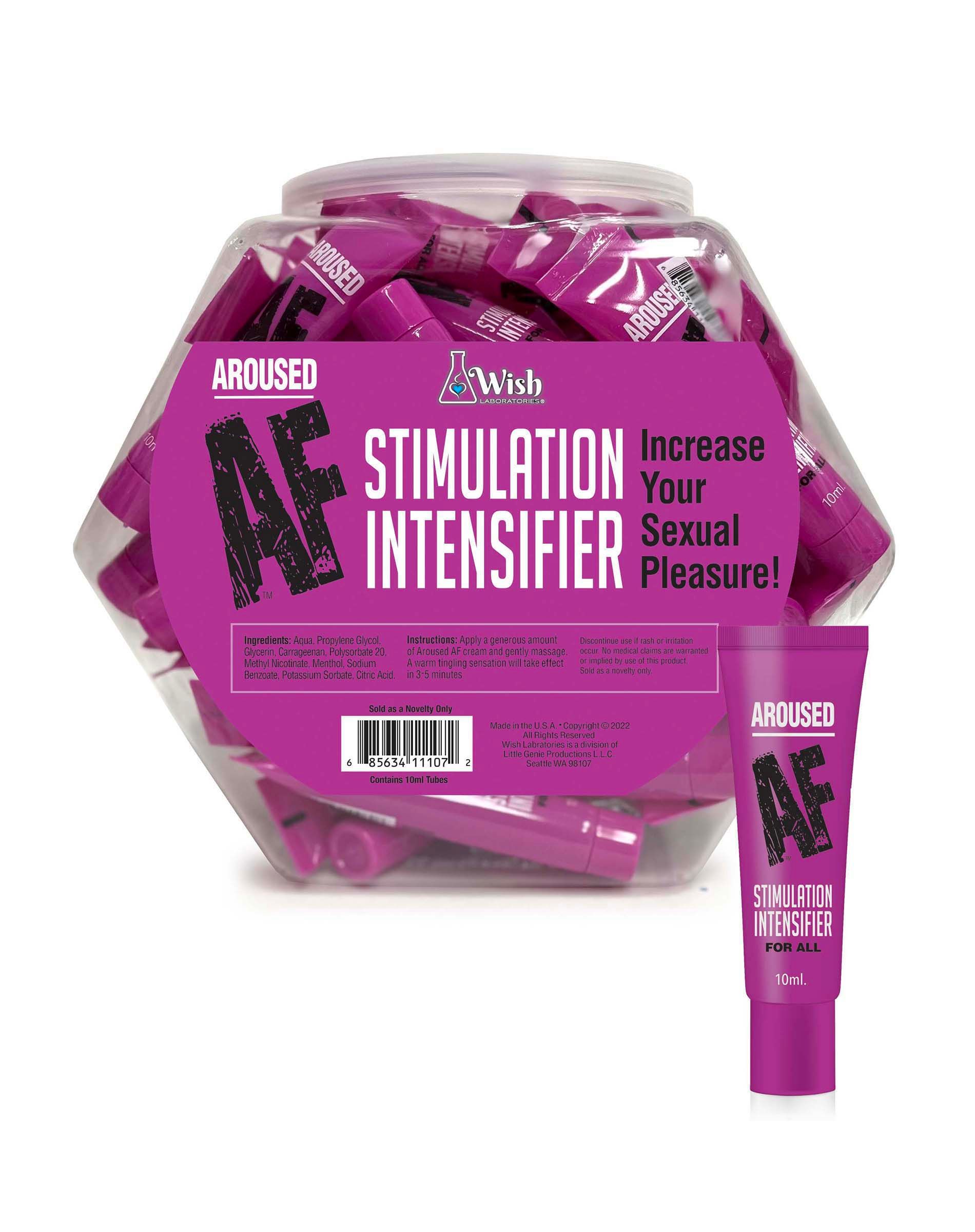 Aroused AF Fishbowl 65 Pack Stimulation Cream 10ml e or .338 ounce Display. Aroused AF Stimulation Cream from Little Genie. Increase your sexual pleasure. Stimulation for him and her. Tube contains .338 ounce. Aroused AF stimulation intensifier is special