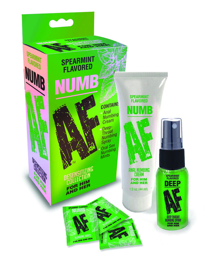 Numb AF Kit from Little Genie. Numb AF desensitizing collection contains a 1.5 ounces tube of Spearmint flavored anal numbing cream
