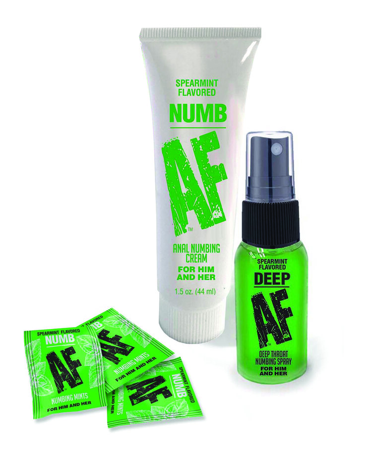 Numb AF Kit from Little Genie. Numb AF desensitizing collection contains a 1.5 ounces tube of Spearmint flavored anal numbing cream