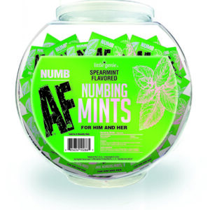 Numb AF Numbing Mints from Little Genie. Point of purchase display. 100 pieces with a fishbowl display. For her and him. Spearmint flavor. Fishbowl display contains 100 Pieces. Active ingredients: Lidocaine 5%. Inactive ingredients: Sorbitol