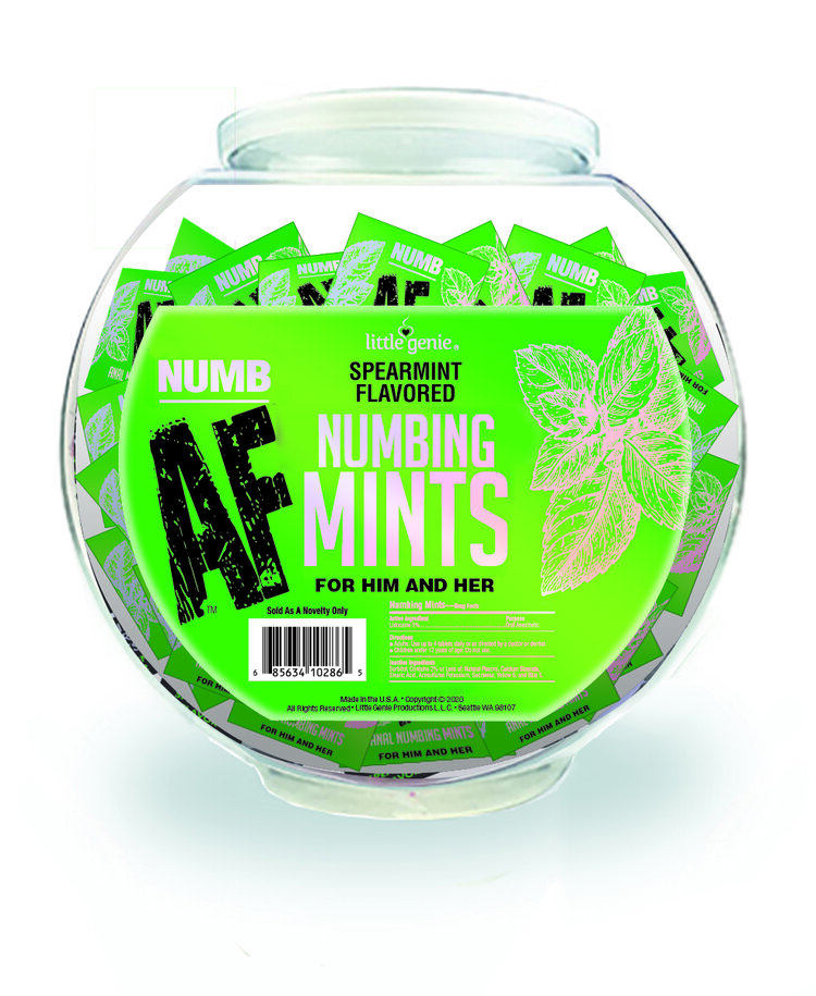 Numb AF Numbing Mints from Little Genie. Point of purchase display. 100 pieces with a fishbowl display. For her and him. Spearmint flavor. Fishbowl display contains 100 Pieces. Active ingredients: Lidocaine 5%. Inactive ingredients: Sorbitol