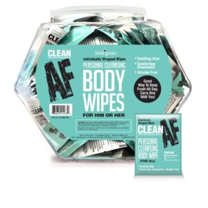 Clean AF Fishbowl 96 Piece Individually Wrapped Body Wipes from Little Genie. Body wipe for all. Personal cleansing body wipes for him and her. Clean AF Personal Cleansing Body wipes are a convenient way to freshen your intimate areas while on the go. Thi