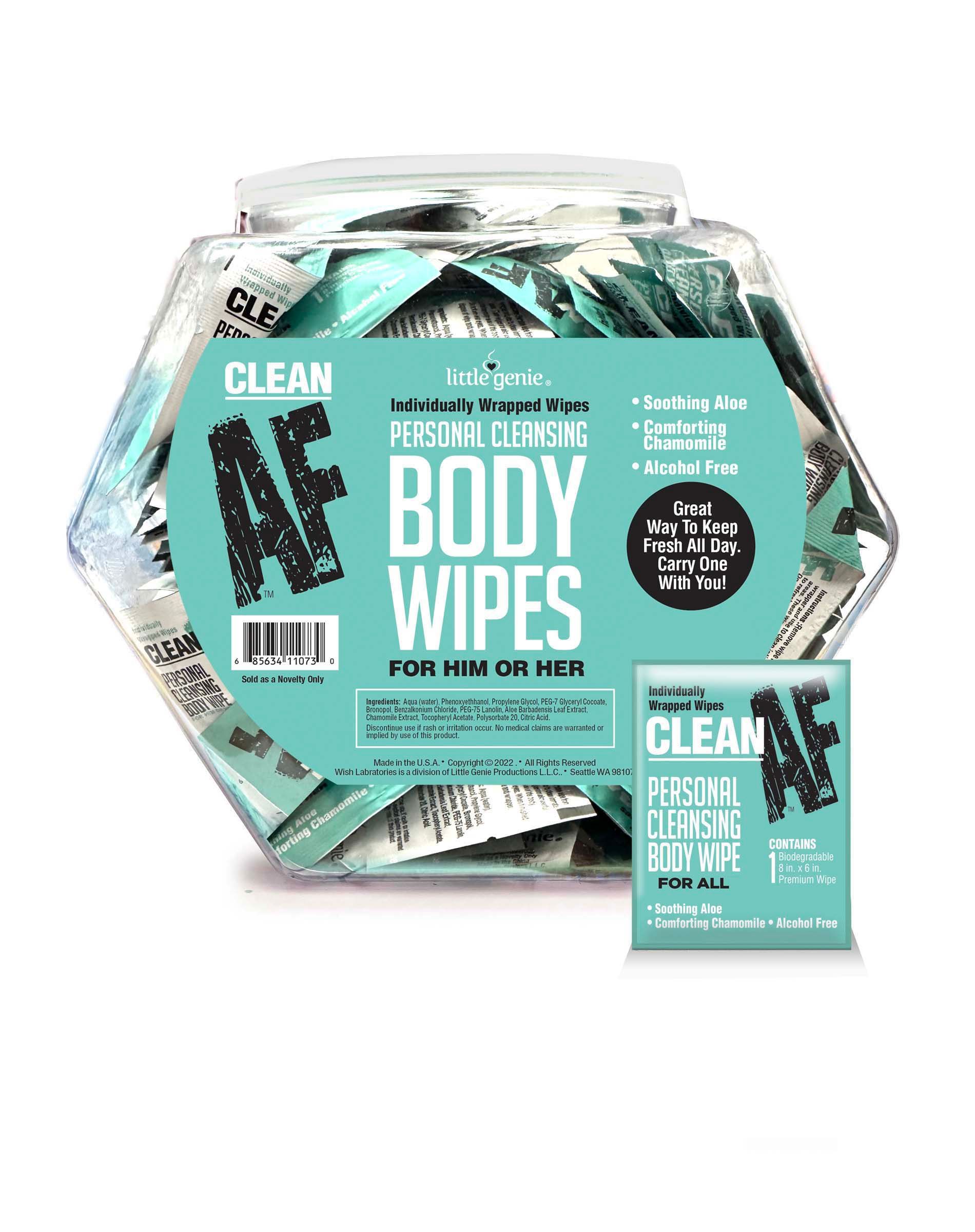 Clean AF Fishbowl 96 Piece Individually Wrapped Body Wipes from Little Genie. Body wipe for all. Personal cleansing body wipes for him and her. Clean AF Personal Cleansing Body wipes are a convenient way to freshen your intimate areas while on the go. Thi