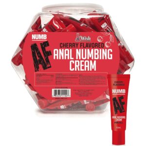 Numb AF Anal Desensitizer Gel Cherry 10ml e or approximately .34 ounce 65 Pack Display from Little Genie Productions. Numb AF Cherry flavored is specially formulated to make your anal experience more pleasurable. Numb AF anal desensitizing gel gently numb
