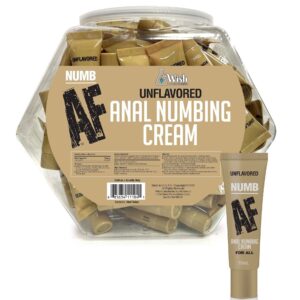 Numb AF Fishbowl 65 Pack Anal Desensitizer Gel Unflavored 10ml e or approximately .34 fluid ounce from Little Genie Products. Numb AF unflavored is specially formulated to make your anal experience more pleasurable. Numb AF Anal Desensitizing Gel gently n