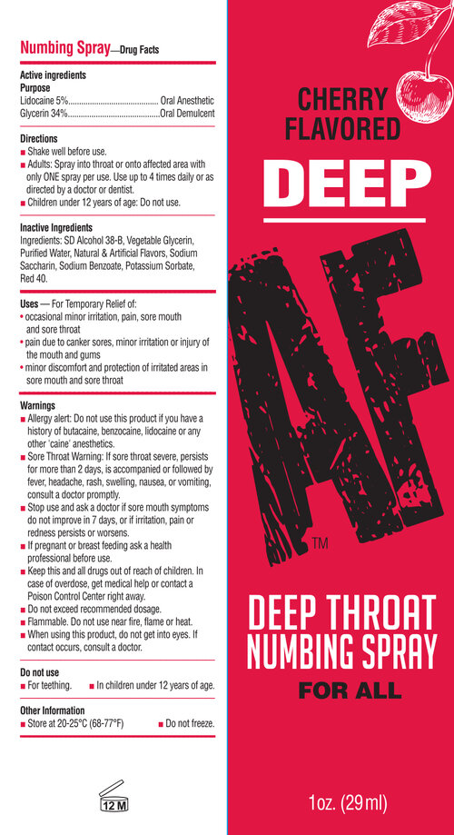 Deep AF Numbing Throat Spray Cherry from Little Genie Productions. Deep AF is specially formulated to gently numb the throat and alleviate the gag reflex often associated with oral sex. Deep AF Deep Throat Numbing Spray was created with the intention of c