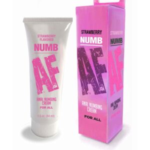 Numb AF Desensitizing Anal Gel Strawberry 1.5 fluid ounces from Little Genie Productions. Numb AF will make your anal experience more pleasurable. Numb AF is a Strawberry flavored Anal Numbing Gel. The formulation relaxes the muscles and numbs the nerves