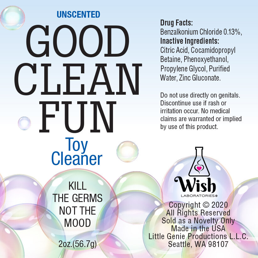 Good Clean Fun Unscented 2 fluid ounces Cleaner from Little Genie. Kills the germs not the mood. Active ingredient Benzalkonium Chloride 0.13%. Inactive ingredients: Citric Acid