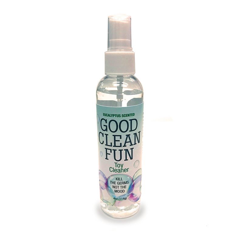 Good Clean Fun Eucalyptus 4 fluid ounces Cleaner from Little Genie. Kill the germs not the mood. Good Clean Fun Toy Cleaner Spray is specially formulated to keep your personal pleasure products free of harmful germs and bacteria. Enjoy the lightly scented