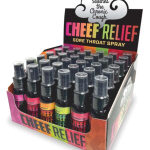 Cheef Relief Sore Throat Spray Display 36 Pieces from Little Genie Novelties. The ultimate solution for smokers seeking relief from dry cough and itchy throat. Our carefully crafted formula targets and relieves the pesky irritations associated with smokin