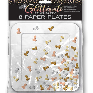 Glitterati Penis Party Plates Square Pater 8 Count from Little Genie Productions. Decorate your celebration with sparkling risque table ware. 8 square paper plates. Adults only please. Designed for the Bride with impeccable taste