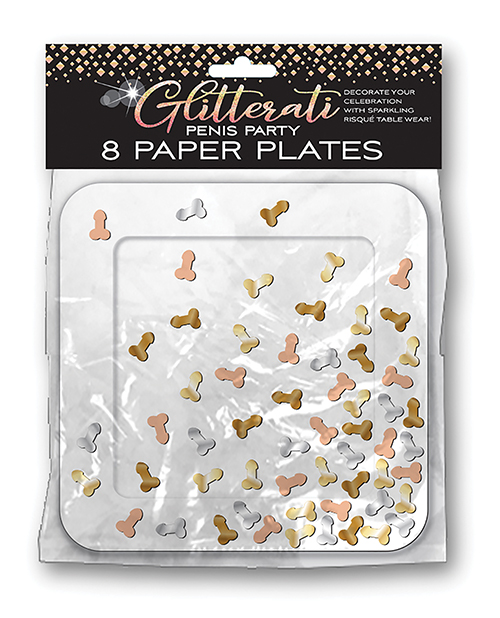 Glitterati Penis Party Plates Square Pater 8 Count from Little Genie Productions. Decorate your celebration with sparkling risque table ware. 8 square paper plates. Adults only please. Designed for the Bride with impeccable taste