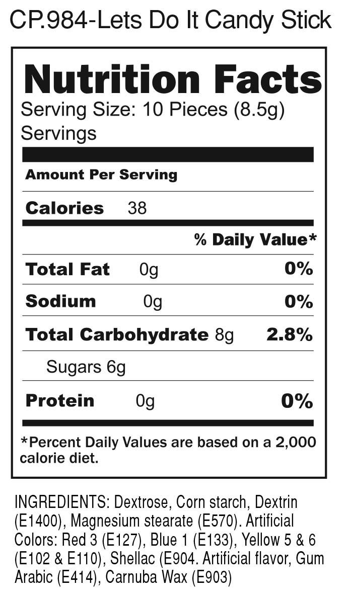 Let's Do It Candy Stick 12 Piece Display from Candyprints. The Let's Do it Candy stick was created with the intention of providing a romantic and sweet alternative to the traditional slap on the rear to get the old lady hot and bothered. This delicious an