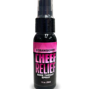 Cheef Relief Strawberry Sore Throat Spray 1 fluid ounce from Little Genie Novelties. The ultimate solution for smokers seeking relief from dry cough and itchy throat. Our carefully crafted formula targets and relieves the pesky irritations associated with