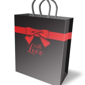 With Love Gift Bag Black with a Red bow and two handles from Little Genie. Bag has two handles gift bag from Little Genie. Size when opened 11 inches by 8 inches by 4 inches.  Categories: Party Games