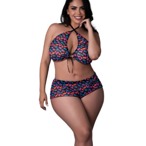 Expand your wholesale stoner lingerie selection with this playful set. Available in a choice of two color and print options: navy blue sheer mesh adorned with butterflies or black sheer mesh with all-over gummy bears; both prints are black light reactive