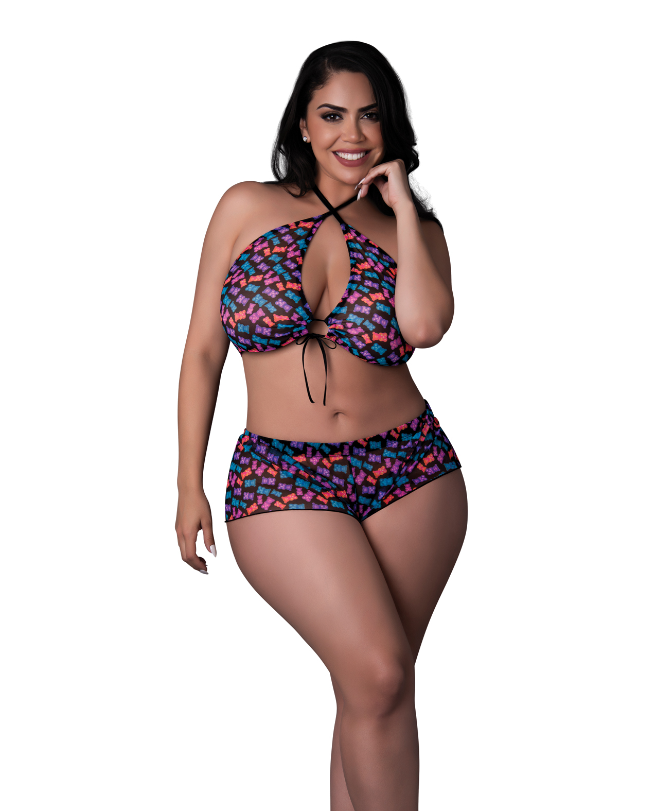 Expand your wholesale stoner lingerie selection with this playful set. Available in a choice of two color and print options: navy blue sheer mesh adorned with butterflies or black sheer mesh with all-over gummy bears; both prints are black light reactive