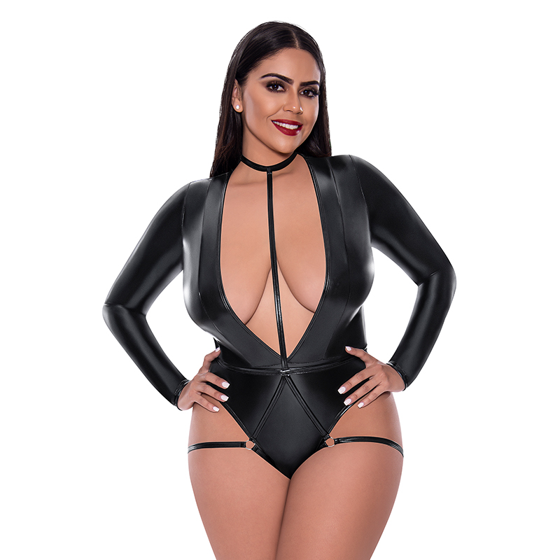Liquid Onyx Teddy with Harness Caging Black 2XL from Magic Silk Lingerie. From the Exposed by Magic Silk collection