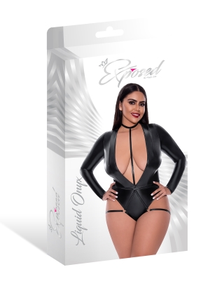 Liquid Onyx Teddy with Harness Caging Black 2XL from Magic Silk Lingerie. From the Exposed by Magic Silk collection