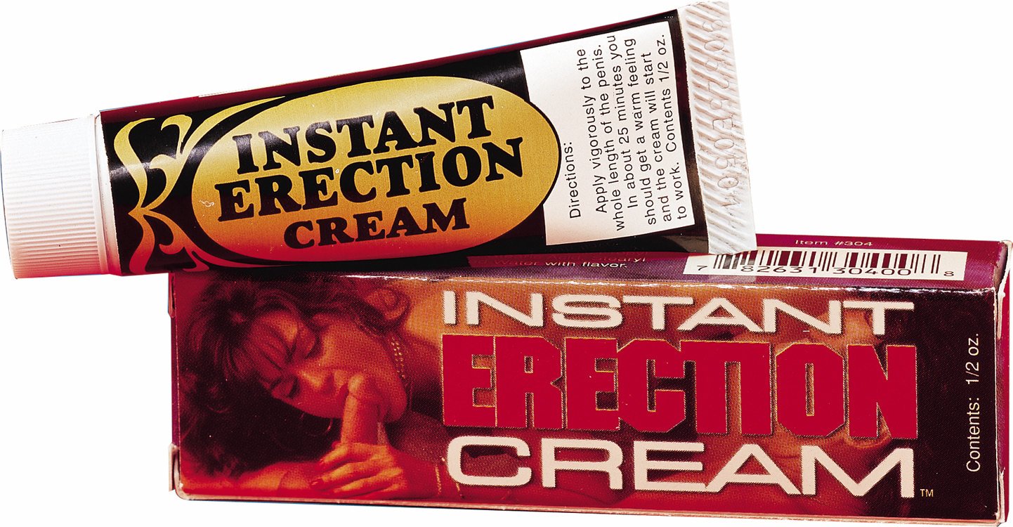 Instant Erection Cream .5 ounce Tube from Nasstoys of NY. Ultimate erection enhancer. Directions for use. Apply vigorously to the length of the penis and feel the urge. Graphic box. Instant Erection Cream from Nasstoys of New York. Active ingredient: Ben