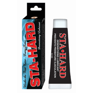 Sta-Hard Desensitizing Lubricant with Benzocaine from Nasstoys of New York. Available in two different sizes .5 ounce and 1.5 ounces tube. Prevents premature ejaculation. Plus now available in non-graphic home party box. Each sold separately. Classic famo
