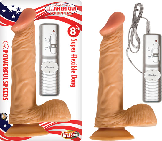 All American Whopper with Balls Vibrating 8 inches Beige Dong finally a dildo sculpted for the size feel and pleasure of the real thing! The Real Skin All American Whoppers 8 inches super flexible dong