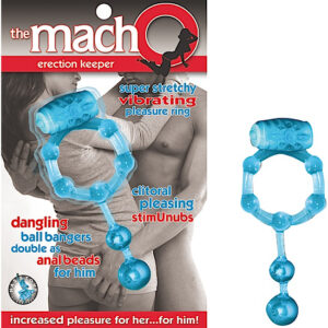 The Macho Erection Keeper Blue from Nasstoys of New York. This super stretchy Erection Ring will create a firmer longer lasting erection. Vibrating Bullet and Clitoral stimu-nubs will send your partner over the edge