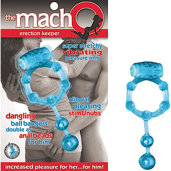 The Macho Erection Keeper Blue from Nasstoys of New York. This super stretchy Erection Ring will create a firmer longer lasting erection. Vibrating Bullet and Clitoral stimu-nubs will send your partner over the edge