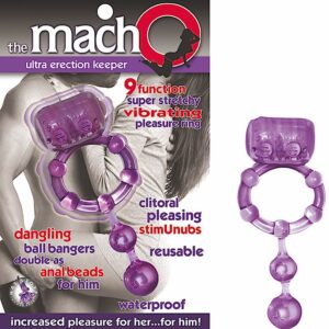 The Macho Ultra Erection Keeper Purple from Nasstoys of New York. This super stretchy erection ring will create a firmer longer lasting erection. 9 speed vibrating bullet and clitoral stimu-nubs will send your partner over the edge